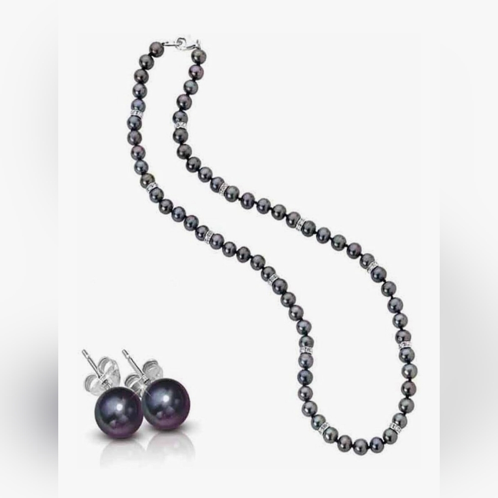 Danbury Mint-Midnight Spell Black Pearl Necklace & Earrings